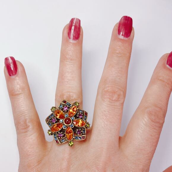 Heidi Daus Green Purple Orange Swarovski Crystal Floral Star Cocktail Ring - Picture 4 of 12